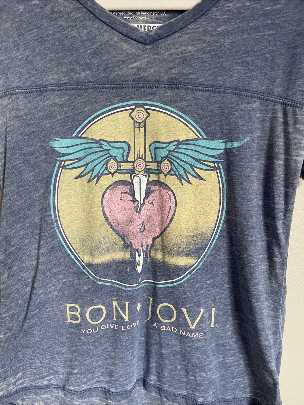 BON JOVI | Blue Graphic V-Neck Fitted Burnout Tee Sz S - Picture 2 of 6